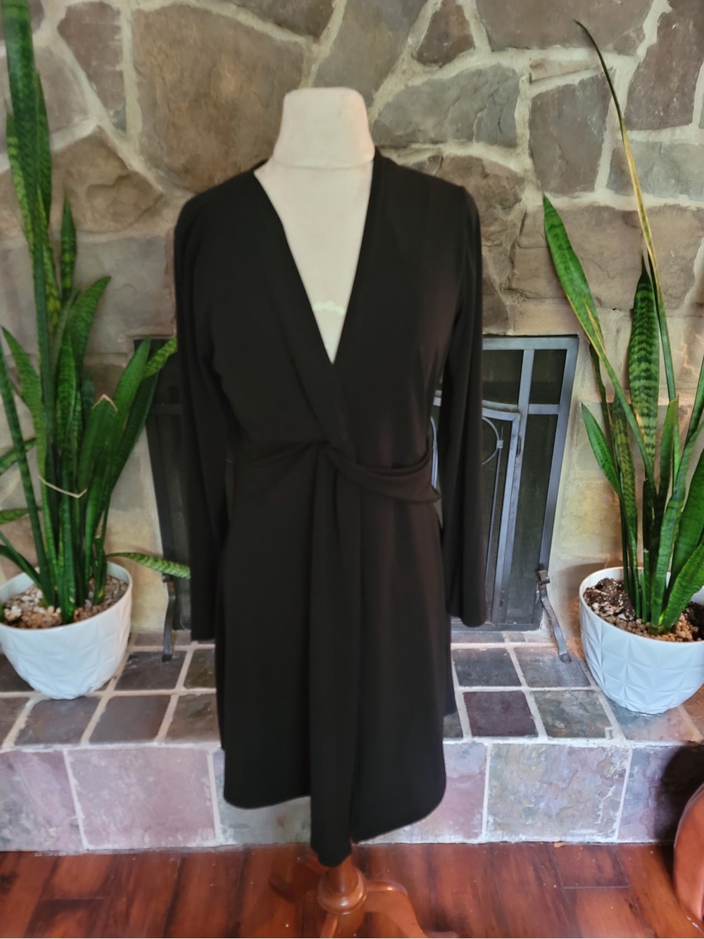 MICHAEL Michael Kors Black Faux Wrap Dress Size 10 Long Sleeve V-Neck Midi